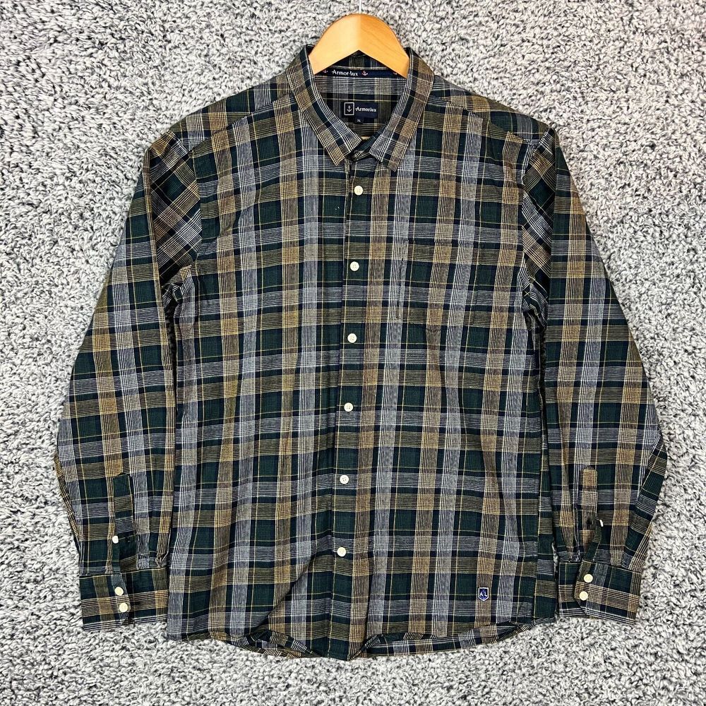 ARMOR LUX Shirt Mens Medium Green Plaid Button Up‎ Long Sleeve Adult M (Tag XL)